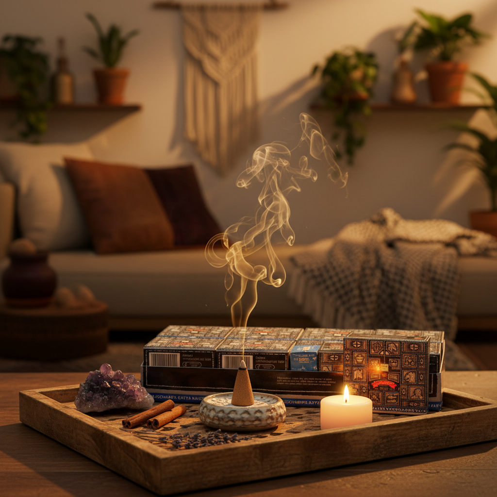 Conos de incienso Dhoop Super Hit Satya en ambiente hogareño místico