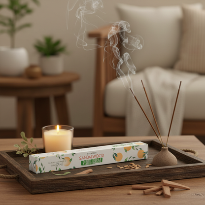 Incienso de sándalo Stamford Plant Based con caja en ambiente hogareño cálido