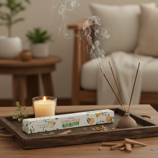 Incienso de sándalo Stamford Plant Based con caja en ambiente hogareño cálido