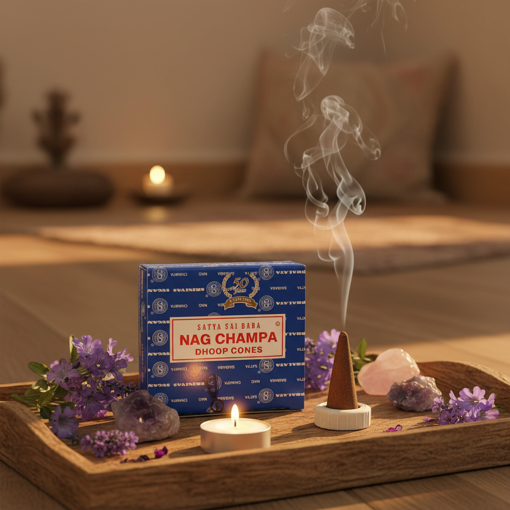 Conos de incienso Nag Champa Satya Sai Baba en ambiente de meditación