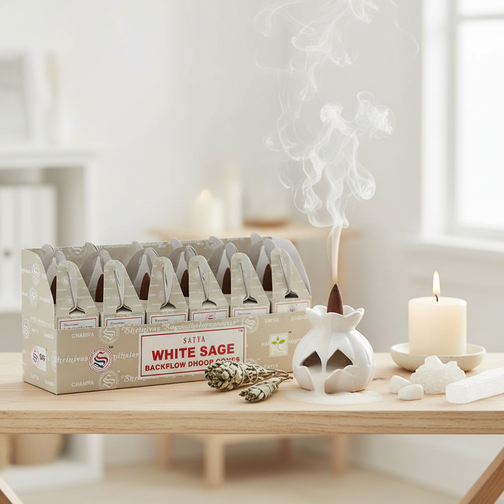Conos de reflujo Satya Salvia Blanca en ambiente minimalista hogareño