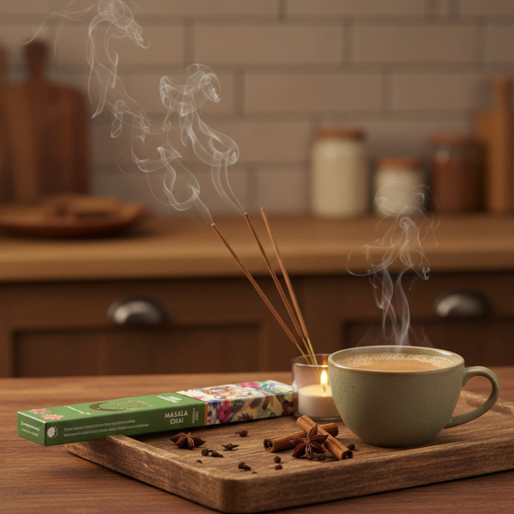 Incienso Masala Chai Tales of India en ambiente hogareño acogedor